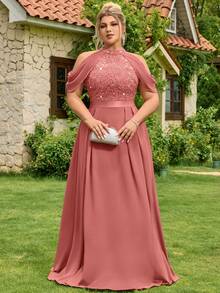 Plus Size Women's Sequin Floral Lace Hollow Shoulder Chiffon Formal Party Dress, Suitable For Prom, Graduation, Wedding, Birthday Party In Summer - Dusty Pink - View 4