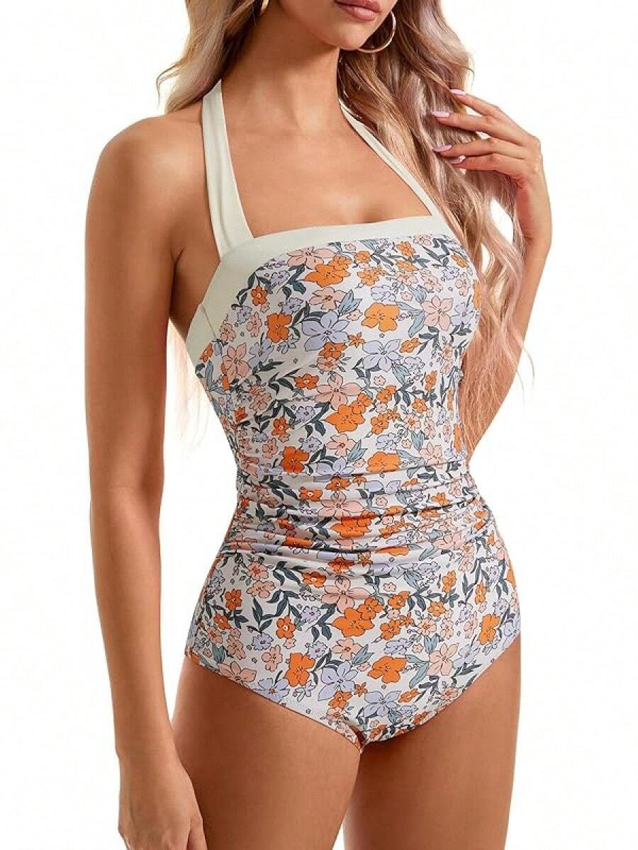 Women Sexy Tummy Control One Piece Swimsuit Halter Retro Bathing Suit - 68 Hoa Vàng - Xem 1