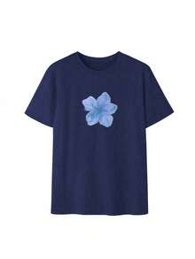 新款女士柔软百搭休闲印花圆领T恤，适合春夏穿着，时尚休闲服饰 - 藏蓝色 - 查看 3