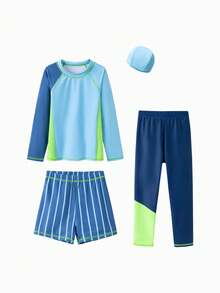 mini bala Kids' UV Protection Swimwear – Long Sleeve Rash Guard + Pants + Cap, Summer Set - Ocean Blue - View 4