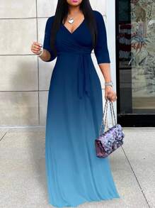 Vestido largo para mujer de talla grande, con escote profundo en V, elegante vestido de manga corta, de tela de punto, con estampado colocado, conjunto de vestir de verano para mujer