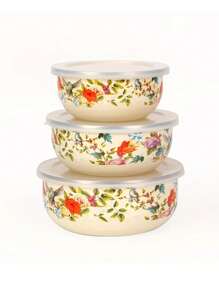 3pcs Enamel Baking & Serving Set, Multi-Functional Sealed Food Storage Containers, Provide 12/14/16 Capacity Storage Containers For Fruits And Vegetables, With Lids, For Fresh Produce, Portable Lunch Box, Freezer , Dishwasher Lunch Box, Patterned Design Fashionable Enamel Bowls With Lids, Soup Bowl, Salad Bowl, Enamel Fridge Container Microwave , Ideal For Home Kitchen, Office, School Lunch, Outdoor Camping Picnic.