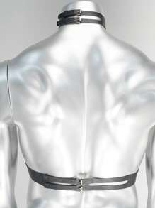 1pc Men Sexy Strap Decor Bra (Cupless) With PU Leather Rivets Embellishment