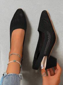 Knitted Mesh Cap Toe Back Strap Summer New Versatile Temperament Pointed Toe Low Vamp Side Hollow Thick Heel Sandals For Women