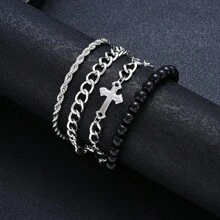Set de 4 pulseras de acero inoxidable con cuentas en forma de cruz, estilo punk, para hombres, regalo