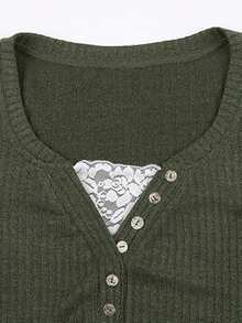 Christmas Lace Crop Button Up Shirts For Women Paneled Button Long Sleeve Knit Top Lightweight Slim Basic Knit Tunic Top Blouse  Plain    Casual    Rib-Knit  Button  Contrast Lace    Daily - Màu xanh lá cây đậm - Xem 4