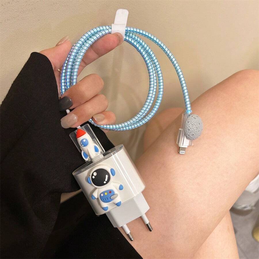5件套宇航员设计【欧版20W充电器保护壳】透明充电口盖和防断线保护套，适用于 11/12/13/14/15/16 Pro Max/Plus | 二合一保护壳套装