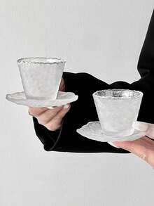 1 件优质玻璃茶杯带茶碟，日式蘑菇形饮茶杯，个人功夫茶杯，透明磨砂云朵图案杯碟 - 彩色 - 查看 3