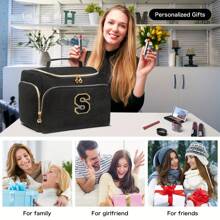 1pc Black Polyester Travel Toiletry Bag With Handle - Alphabet Pattern, Wet/Dry Separation, Machine Washable, Portable Makeup Organizer For Both Men & Women, Ideal Gift For Family & Friends, Daily Cosmetics Storage, Fashionable Makeup Case, Practical Design, Fabric, Must-Have For Frequent Travelers
