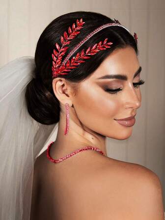 1件手工红色水晶水钻新娘发箍，婚礼发饰，情人节配饰