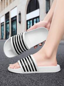 Teenager Black & White Striped Contrast Color Slip-On Slippers, Casual Beach/Outdoor, School Student Shower/Pool Slides, Sports Sandals, Thick Soft Comfortable