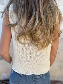 女士休闲纯色V领纽扣针织背心 - 米色 - 查看 4