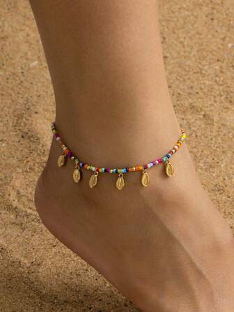 1pc Boho Summer Beach Ocean Style Colorful Beaded Tassel Shell Pendant Anklet For Women, Suitable For Dating/Vacation