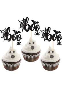 12pcs Halloween Boo Theme Cupcake Toppers, Glitter Spider Web Bat Cupcake Picks, Suitable For Halloween Boo Theme Baby Shower, Birthday Party Cake Decoration - Multicolor - View 1