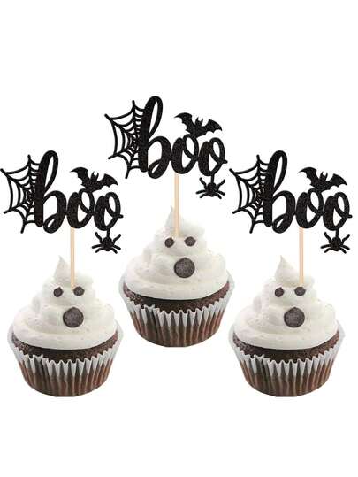 12 件万圣节 Boo 纸杯蛋糕装饰闪光蜘蛛网蝙蝠纸杯蛋糕装饰适用于万圣节 Boo 主题 B*By Shower 生日派对蛋糕装饰用品