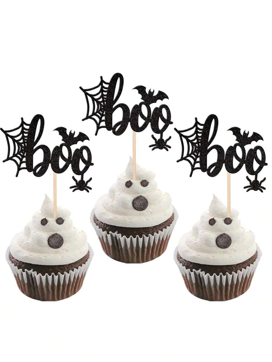 12pcs Halloween Boo Theme Cupcake Toppers, Glitter Spider Web Bat Cupcake Picks, Suitable For Halloween Boo Theme Baby Shower, Birthday Party Cake Decoration - Multicolor - View 1