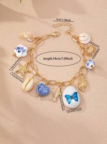 1pc Sea Life Elements Starfish Shell Charm Bracelet / Blue & White Porcelain Ceramic Charm Bracelet / Chain Bracelet With Butterfly Fish Crab Charms (Handmade Ceramic, Color And Shape Are Random)