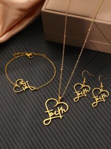 4 Peças Conjunto de Joias com Colar Pingente de Coração Oco, Brincos e Anel, Elegante e Doce