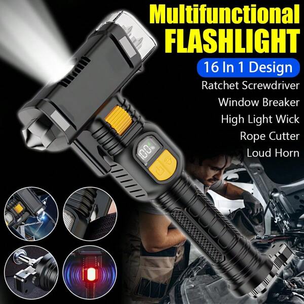 1pc New High-Powered LED Flashlight, Portable Multi-Function Outdoor Lighting, Home Emergency Light, With Window Breaker/Survival Tool, Suitable For Camping, Night Running, Car, Emergency Preparedness
