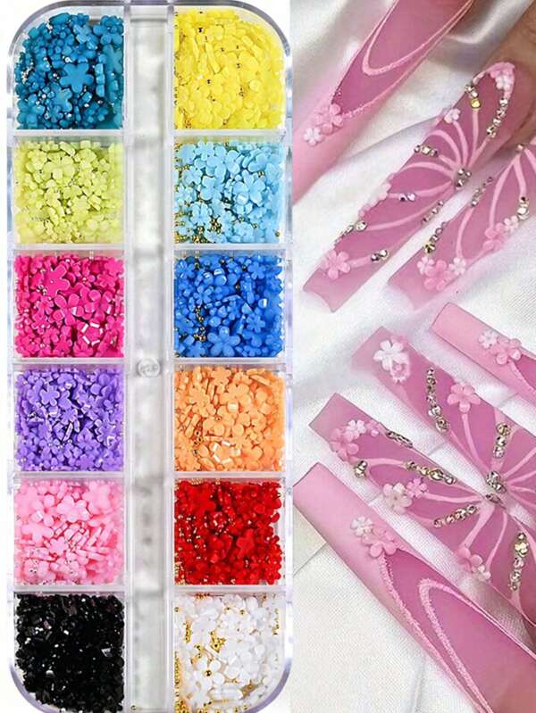 12pcs Nail Rhinestones, 12 Slots Colorful 5-Petal Flower Nail Art Decor, 1.5mm-5mm 3D Nail Glass Crystals AB+Transparent Nail Gems, Pearls, Rhinestones For 3D Charm Nail Jewels, Nail Diamonds For Acrylic Nails And DIY Decoration, 1 Box Of Flat Bottom Nail Rhinestones, Pearls Nail Decorations For Acrylic Nails, Crystal Nail Art Supplies, Semi-Circular Design Nail Gems