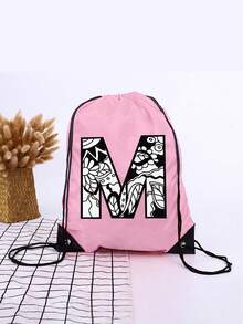 1pc A-Z Graffiti English Letter Outdoor Backpack, Kids Drawstring Closure Bag, Large Capacity Sports Bag, Cute Cartoon Letter Print Sports Backpack For Boys And Girls - Pink - View 13