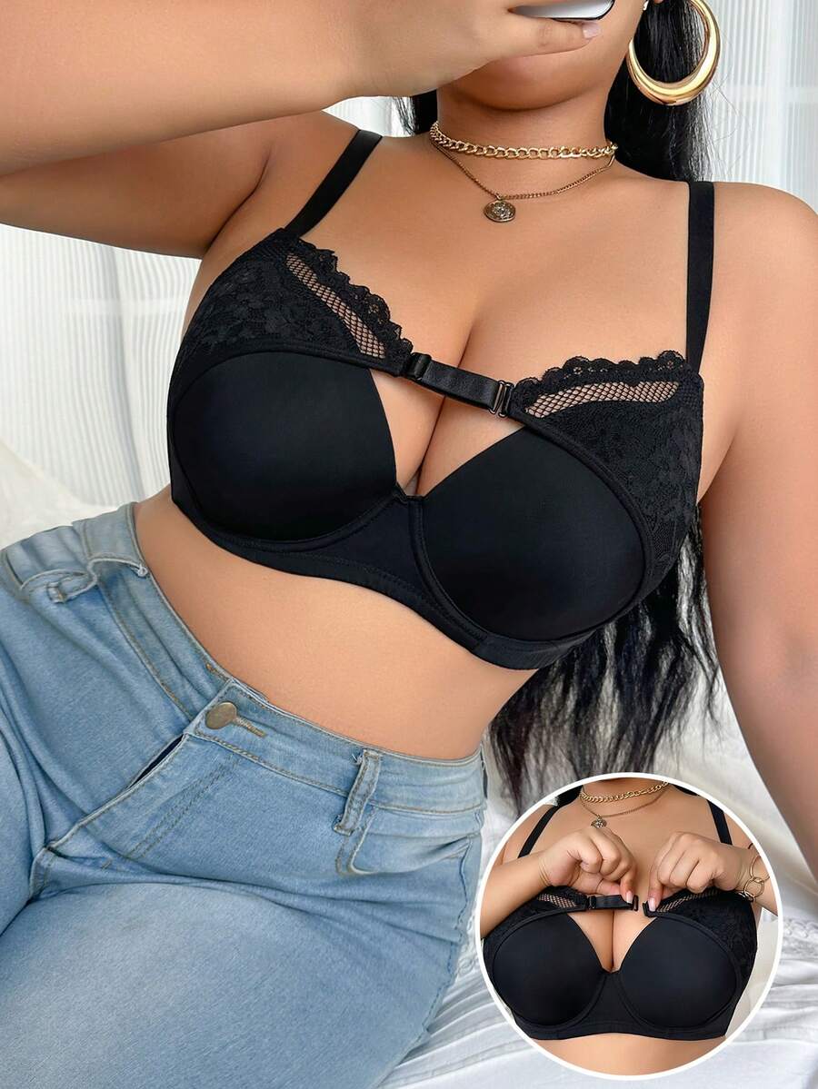 1pc Plus Size Women Solid Color Lace Padded Underwire Bra - Black - View 1