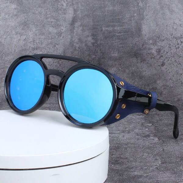 Retro Premium Cool Steampunk Round Fashion Glasses With PU Leather Shields & Double Bridges For Men Women Party Decors Photo Props Ideal Choice For Gifts