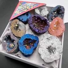 9pcs Natural Crystal Stone Healing Energy Quartz Geode Agate Cluster Raw Stone Set, Electroplated Agate Geode Colorful Asymmetric Cavity Rock Loose Specimen Mineral Education Display Gift For Friends - Multicolor - View 6