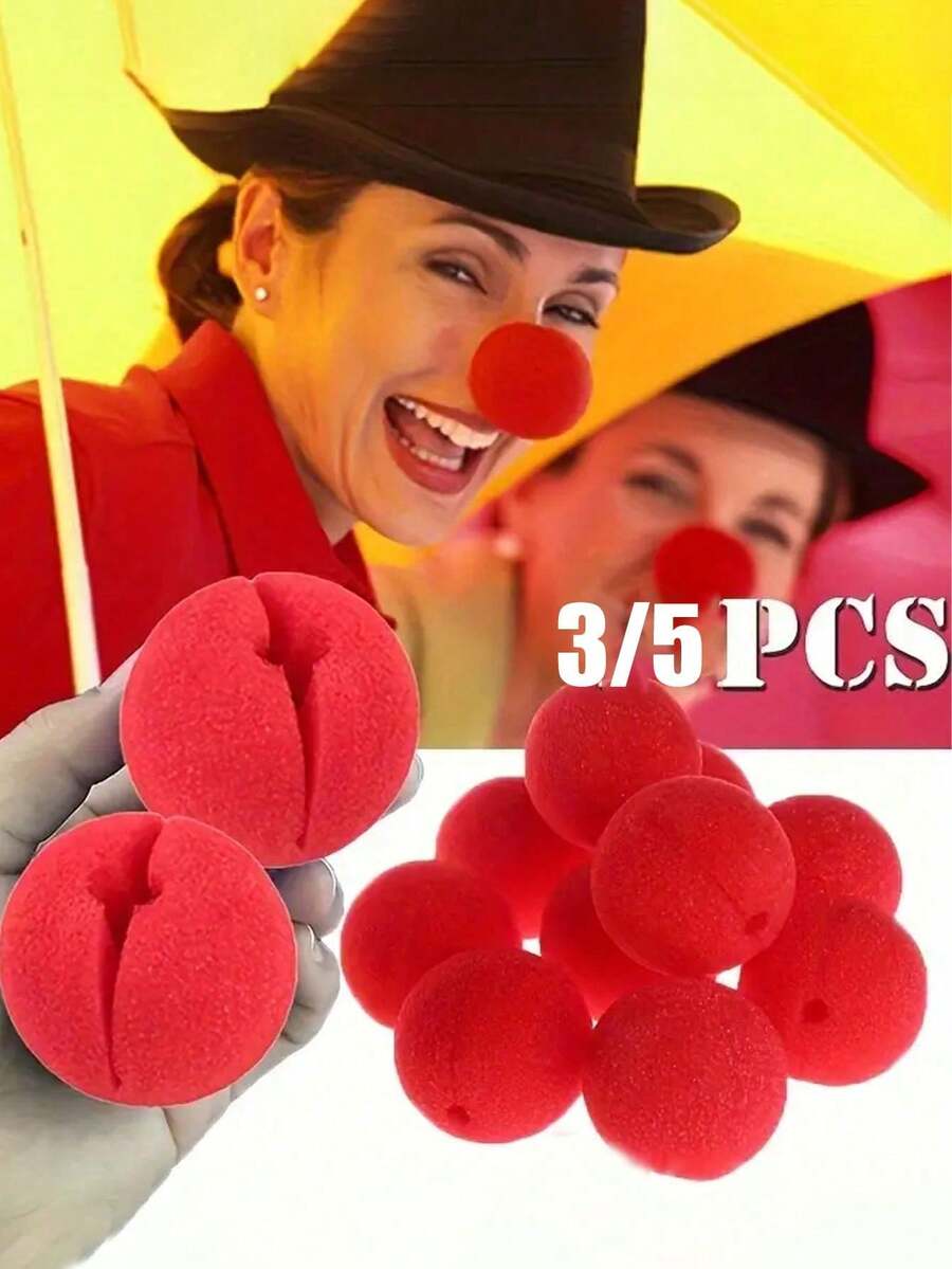 3/5PCS Sponge Clown Nose Red Nose, Carnival Decoration Stage Props, Soft Sponge For Magic Show And Costume Accessories, Adult Party Decoration, Role Play Masquerade Circus Costume Nose, Clown, Penny Wise, Carnival Halloween - Red - View 1