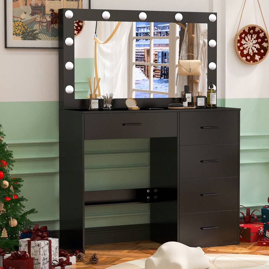 Favourite Gift Vanity Makeup Desk Set With Dresser Mirror,LED Lights,5 Drawers Dressing Table Black - Black - View 1