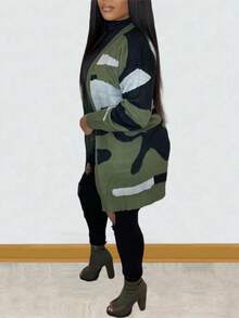 Women's Camo Print Cardigan Sweater Long Sleeve Color Block Loose Fit Autumn/Winter Lightweight Flowy Knitted Cardigan, Women Fall Outfit
