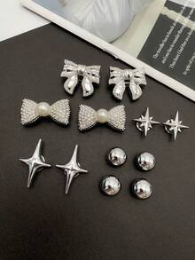 12 件银色 ABS 珍珠蝴蝶结星形时尚 DIY 鞋饰，可拆卸配件，适用于凉鞋、拖鞋、花园鞋、派对礼物