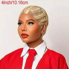 4inch 613 Blonde Finger Wave Human Hair Wig Short Bob Wigs For Women 150% Density 613 Blonde Pixie Cut Wig For Daily Wear Brazilian Remy Hair Machine Made Wig For Daily Use And Party - Gold - View 5