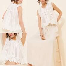 Women's summer hollow lace hem top, solid color, lightweight and versatile, suitable for all occasions - Blanco - Ver 5