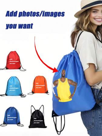 Custom Piture Polyester Trekkoord Rugzak, Duurzame Polyester Trekkoord Rugzak - Zwarte Minimalistische Sporttas met Praktische Zakken voor Reizen, Yoga, Sportschool, Kamperen en Hiken | Lichtgewicht en Draagbare Outdooruitrusting