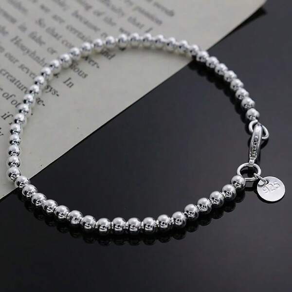 Pulsera elegante de mujer de plata de ley 925 con cadena de cuentas de 4 mm, joyería de alta calidad y hermosa