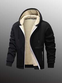 1 pieza Chaqueta con capucha y forro térmico para hombres para otoño/invierno, Chaqueta deportiva con cremallera de unicolor y casual, Exterior de tejido de punto de poliéster, Ajuste regular, Apropiada para deportes, senderismo y uso diario, Con bolsillos con cremallera