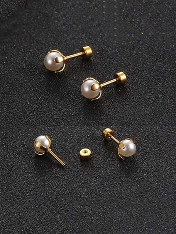 1 Pair Stainless Steel Pearl Screw Back Earrings For Women, Minimalist Design, Hypoallergenic 20G, Available In 4mm, 5mm, 6mm, 7mm, 8mm, Suitable For All Occasions