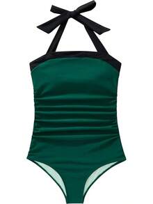 Women Sexy Tummy Control One Piece Swimsuit Halter Retro Bathing Suit - 68 Green Black - View 4