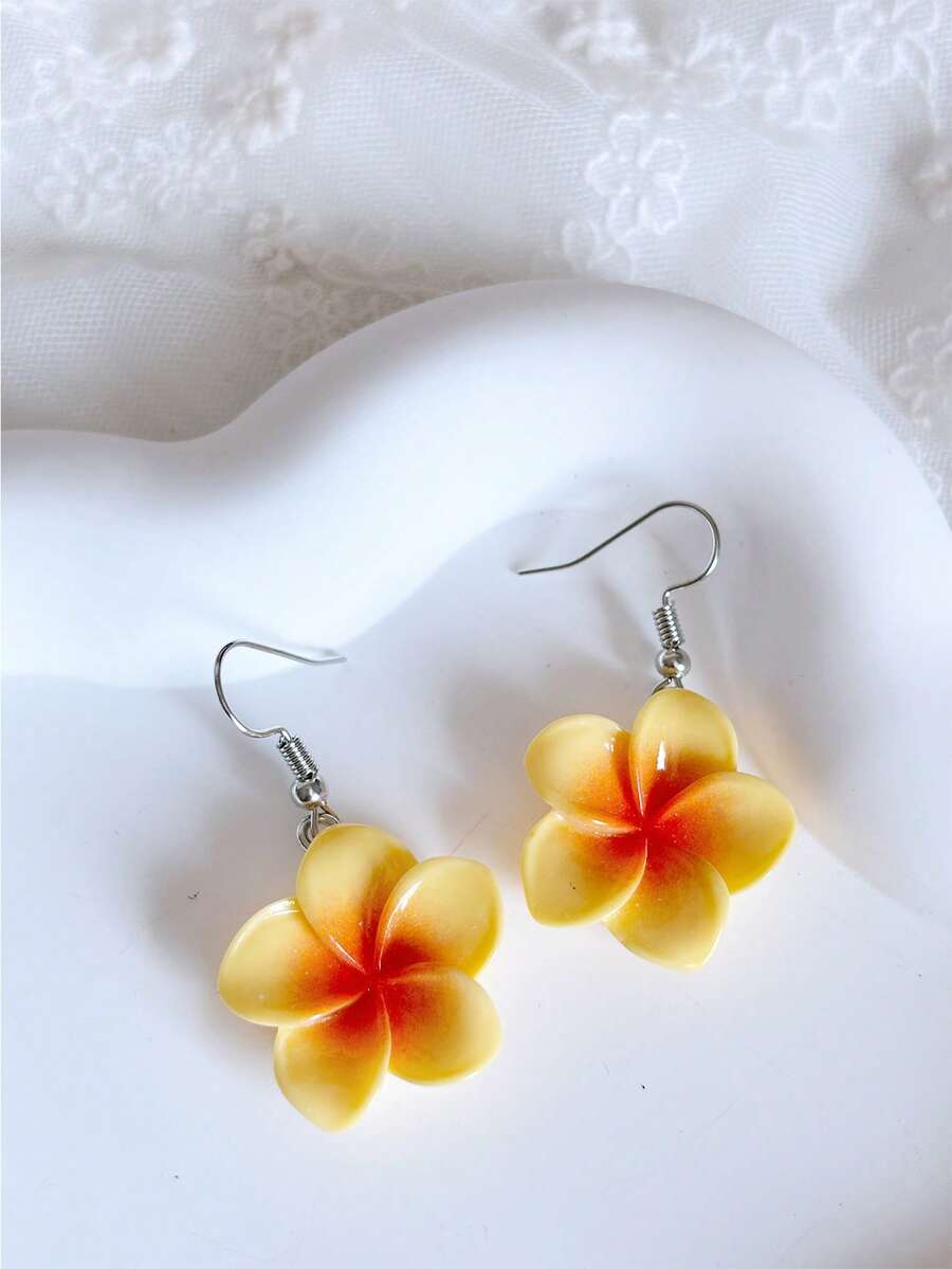 1 对波西米亚海滩度假风格树脂蛋花耳环，适合女士，彩色五瓣花耳环，简约甜美迷人耳环，新品 - 彩色 - 查看 1