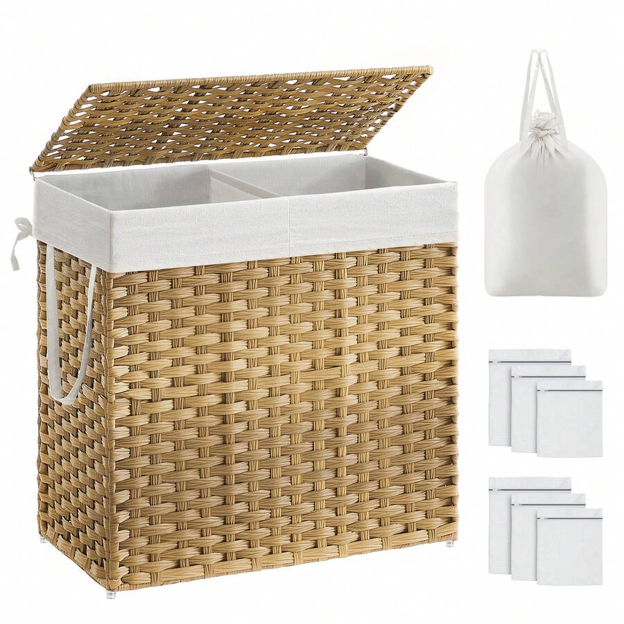 SONGMICS Cesto de la Ropa, 130 L, Cesto de Lavandería, Tejido a Mano, con Compartimentos Separados, con Tapa y Asas, Ratán Sintético, Plegable, Bolsa de Forro Extraíble, Natural - Amarillo cálido de otoño - Ver 1