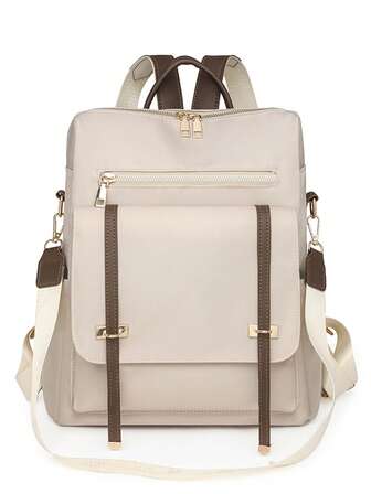 女士时尚尼龙背包，方形简约翻盖背包，大容量学院风背包，适合购物、钱包、学生、年轻女性、大学生、商务装扮。非常适合办公室、大学、工作、商务、通勤、户外活动、旅行和野餐。