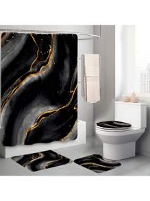 1pc/4pcs Black Marble Patterned Summer Shower Curtain Four Piece Set, Including Waterproof Shower Curtain, Non Slip Floor Mat, Toilet Seat Cover, And U-Shaped Mat, Complete Set Of Shower Curtain Kit, Twelve Hooks, Bathroom Decoration, Holiday Gift Back To School