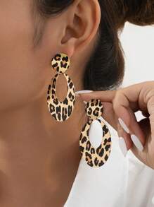 1 pièce paire de boucles d'oreilles rondes en métal imprimé léopard et 1 pièce collier assorti, style européen et américain vintage à la mode, convient pour les boîtes de nuit et les soirées