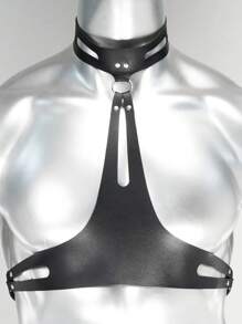 1pc Men Sexy Strap Decor Bra (Cupless) With PU Leather Rivets Embellishment
