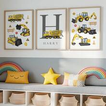 Customized Canvas Wall Art - Custom Nursery Boy Wall Art, Construction Wall Decor, Tractor And Truck Prints, Custom Name, Gift For Baby Boy, Set Of 3 , Custom Name & Number - Optional Frame, High-Quality Material, Unique Gift Idea, Decor Gifts Birthday Graduation Home Decor Back To School Room Decor School Supplies