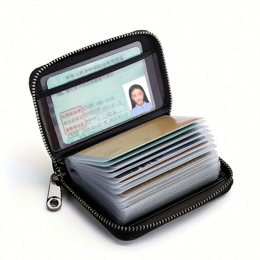 Ultra-Thin RFID Anti-Scan Faux Leather Wallet - Large Capacity, Multiple Card Slots, Zipper Closure, Fashionable Design, Perfect Gift For Festivals And Daily Use, Card Storage| Minimalist Style Wallet| Durable PU Material - Black - View 1