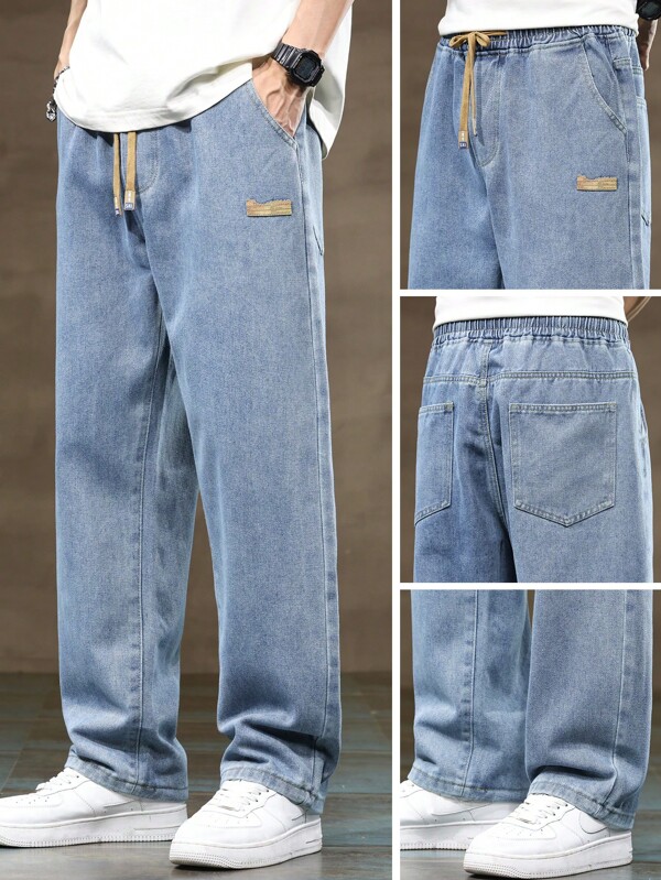 Plus Size Men's Elastic Waist Drawstring Relaxed Fit Jeans, Loose Straight Leg Casual Comfortable Denim Pants, All Seasons