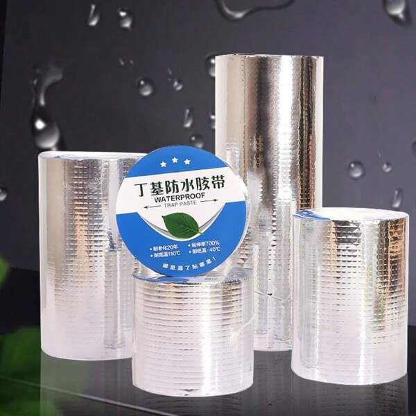 1pc Butyl Waterproof Tape, Roof Leak Repair, Waterproof, High Adhesive Self-Adhesive, Aluminum Foil Waterproof Roll Material, High Temperature Resistant Pipe Wall Leak Sealing Sticker, Super Adhesive Pipe Fixing Tape, For Repair Leaks And Plumbing Projects