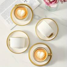 1 Set, Premium Luxury Ceramic Gold-Rimmed Coffee Cup & Saucer Set, Cup Set With Plate And Spoon, Household Drinking Cup, Floral Tea Cup, American Style Coffee Cup, European Style Afternoon Tea Set With Handle Cups